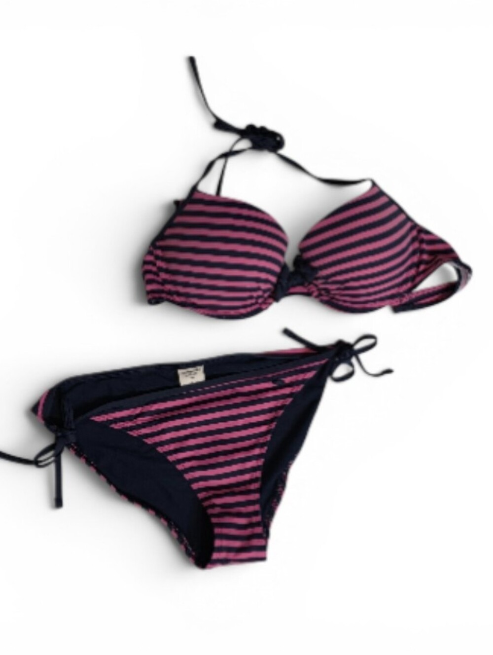 Abercrombie & Fitch Bikini Striped Pink Navy Swim Set Bathing Suit Push Up Bra L